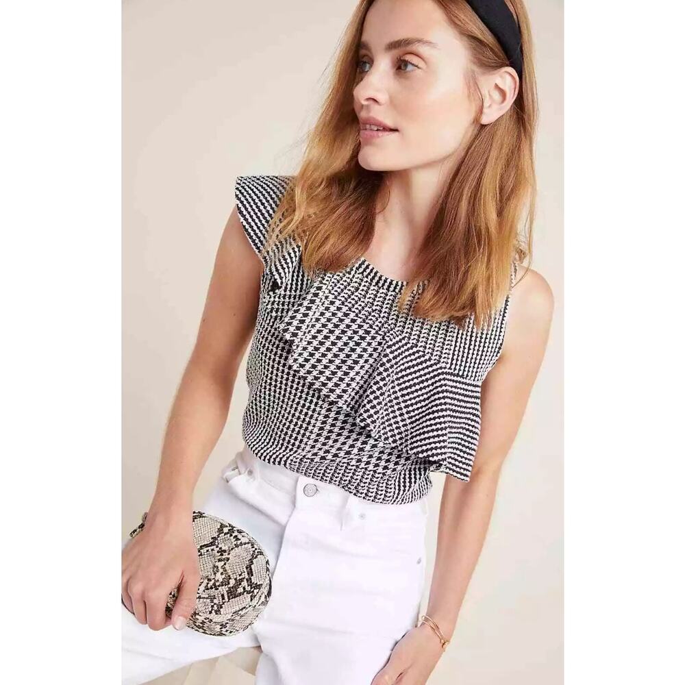 Anthropologie Dolan Medium Left Coast Callan Ruffled Houndstooth Top Sleeveless